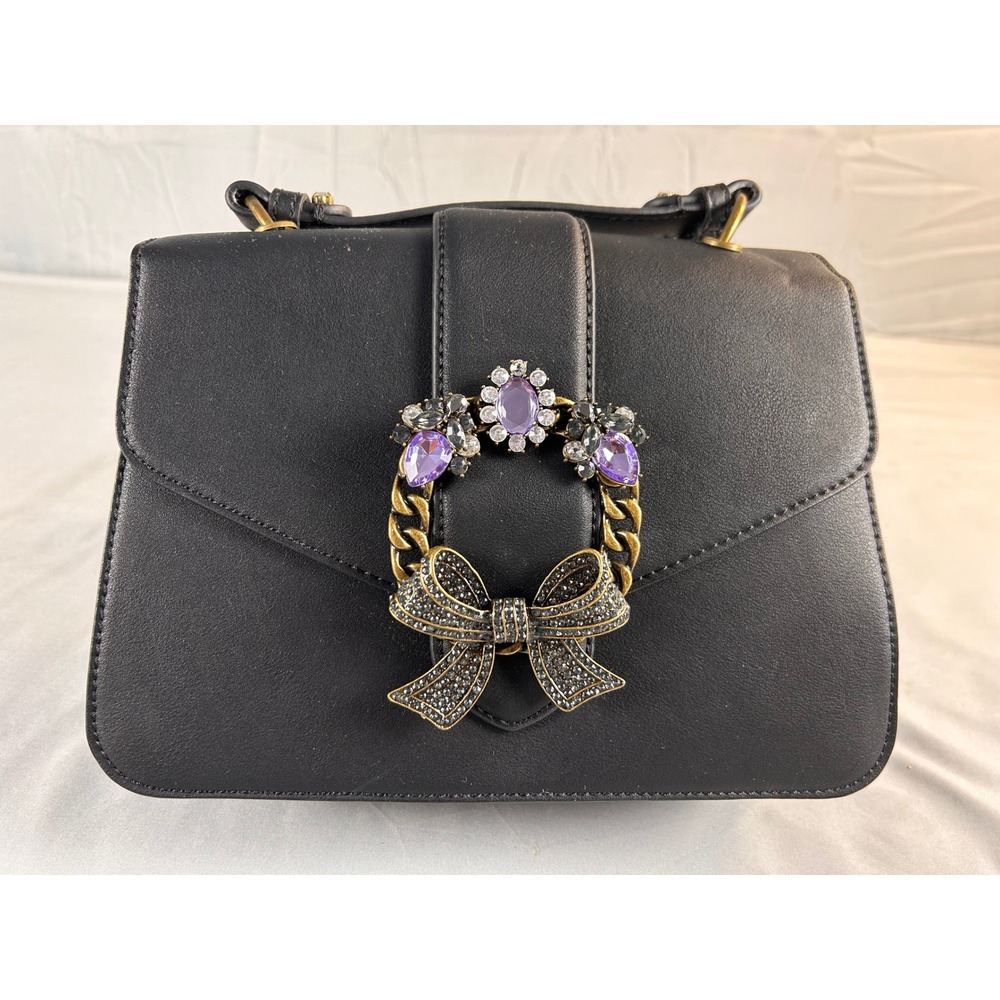 ALDO Black Crossbody Bag Purple‎ Crystal Ornate Buckle Bow Accent Handbag